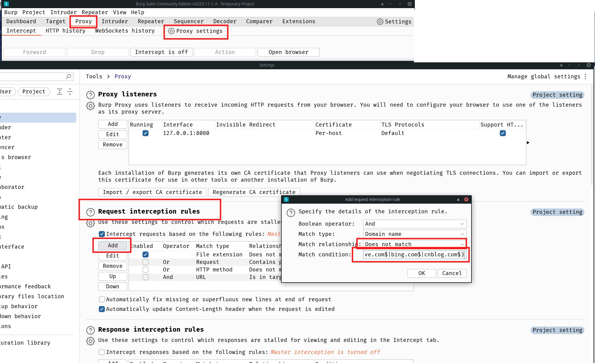 add burp intercept request rules